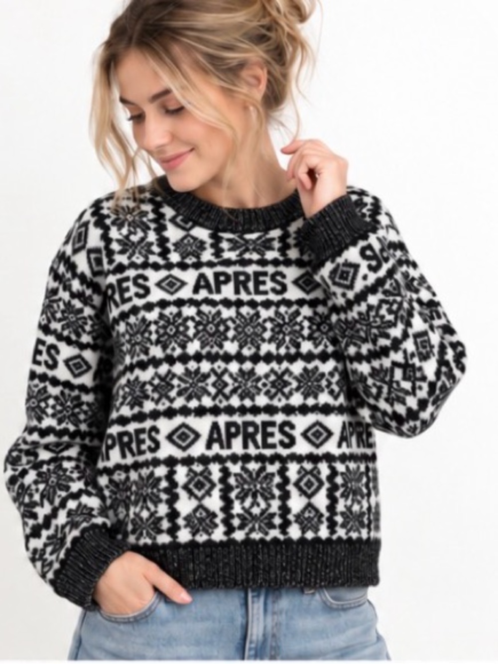 A New Day Après Fair Isle Sweater Black White Ski Winter Medium